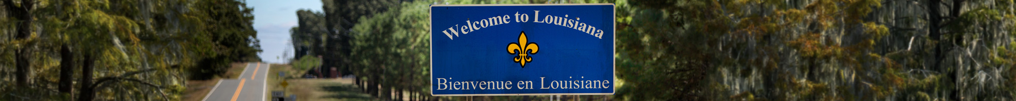 Sign welcoming visitors to Louisiana alongside a road going into the distance